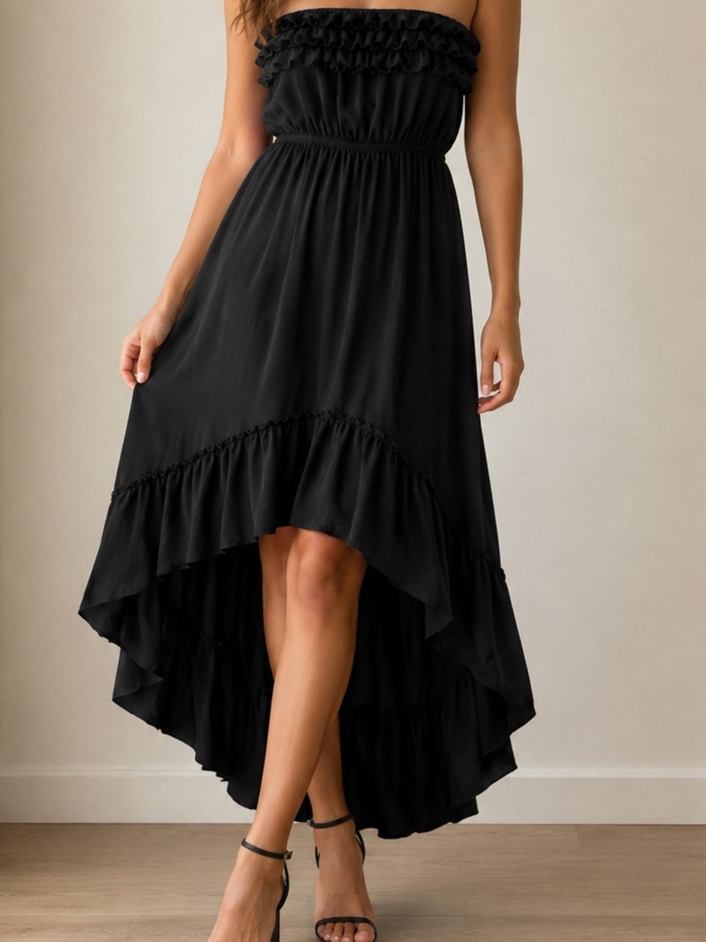Cristina Love Black Strapless High-Low Ruffle Maxi Dress | Size Small
